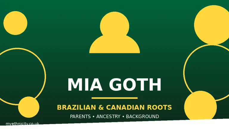 Mia Goth ethnicity and background, stylized editorial graphic