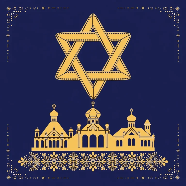 Featured graphic for Mikey Madison ethnicity article: Star of David film emblem in navy and gold