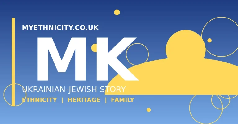 Stylized editorial graphic of Mila Kunis with Ukrainian-Jewish heritage theme