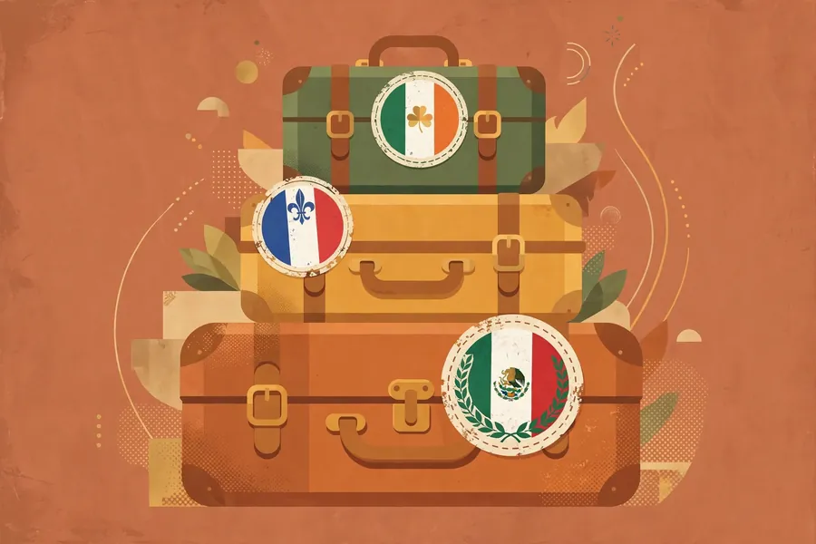 Abstract editorial vector graphic of vintage suitcases with stickers of Ireland, Mexico and France symbolizing multi-generational immigration