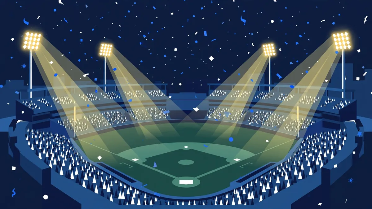 Stylized vector illustration of a championship baseball stadium at night with floodlights and confetti