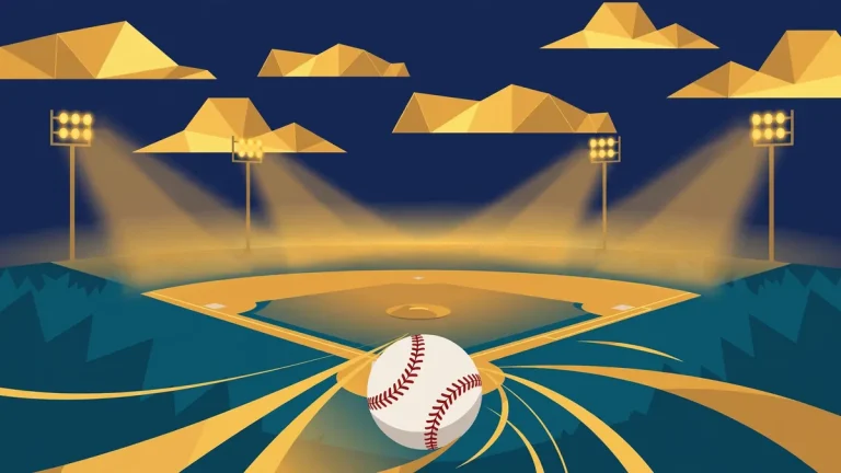 Stylized vector illustration of a baseball diamond at dusk representing Mookie Betts' baseball career
