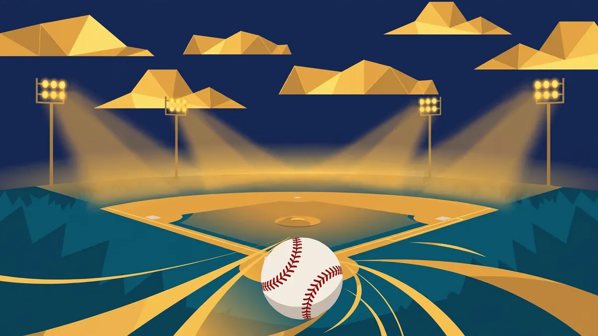 Stylized vector illustration of a baseball diamond at dusk representing Mookie Betts' baseball career
