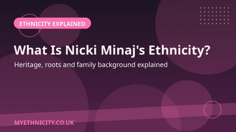 Stylized editorial graphic asking what is Nicki Minaj's ethnicity