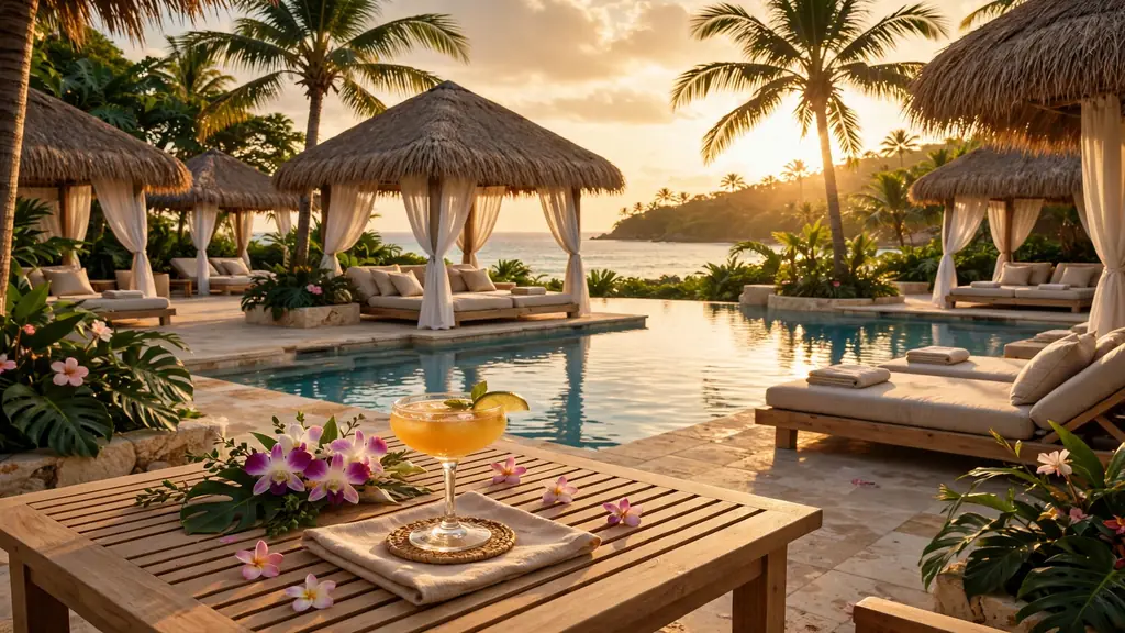 Tropical resort pool deck at golden hour