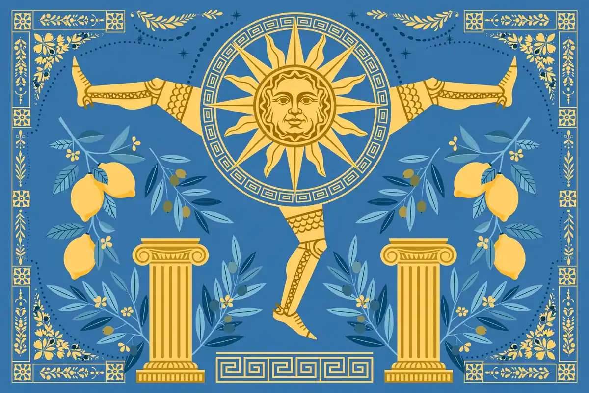 Stylized flat-vector illustration blending Italian and German heritage motifs with film reels and a Mediterranean village scene