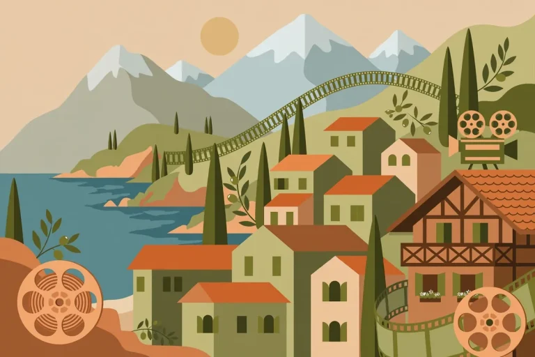 Stylized editorial illustration of Noah Centineo's Italian-German heritage with film motifs