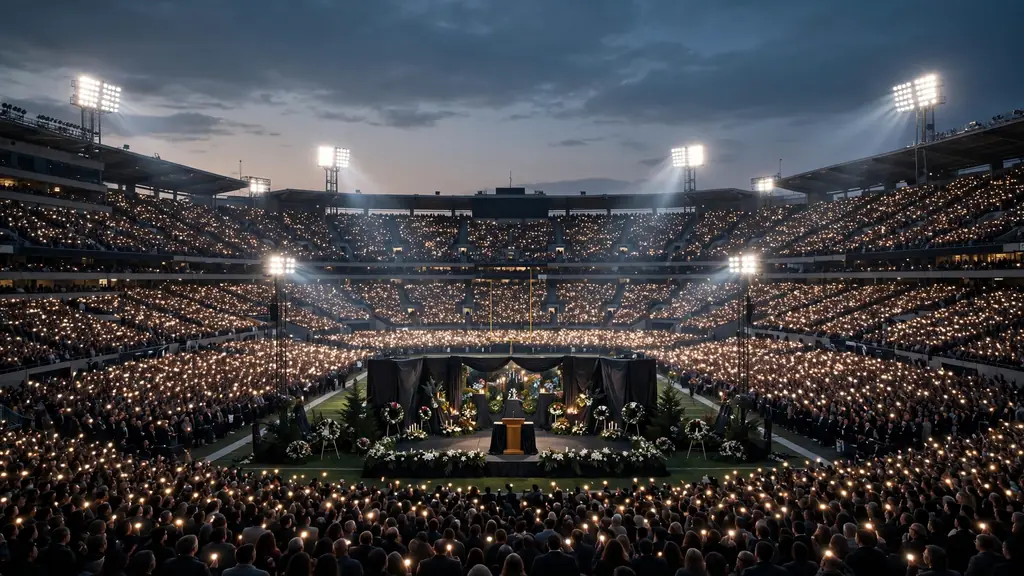 Memorial ceremony in a packed stadium at dusk
