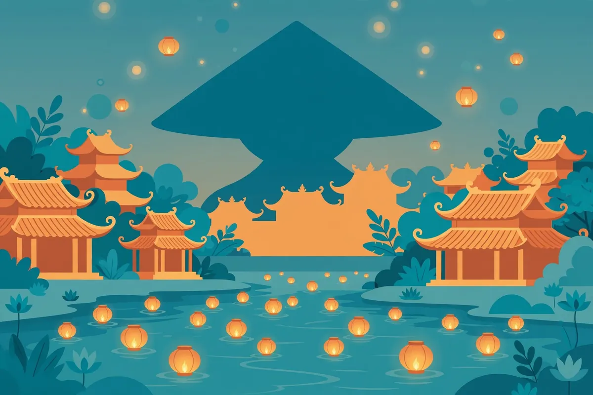 Elegant flat-vector illustration blending Vietnamese lotus flowers and lantern motifs with Hollywood film elements