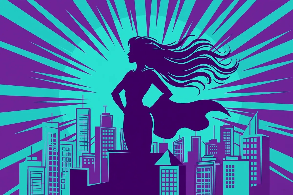 Flat editorial illustration of a superheroine silhouette with a city skyline and dramatic comic-book style rays