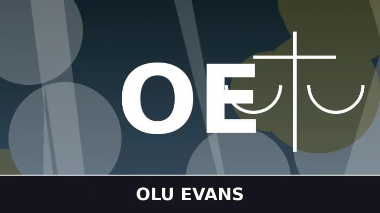 Stylized featured graphic for the Olu Evans ethnicity article with justice-themed design and OE monogram