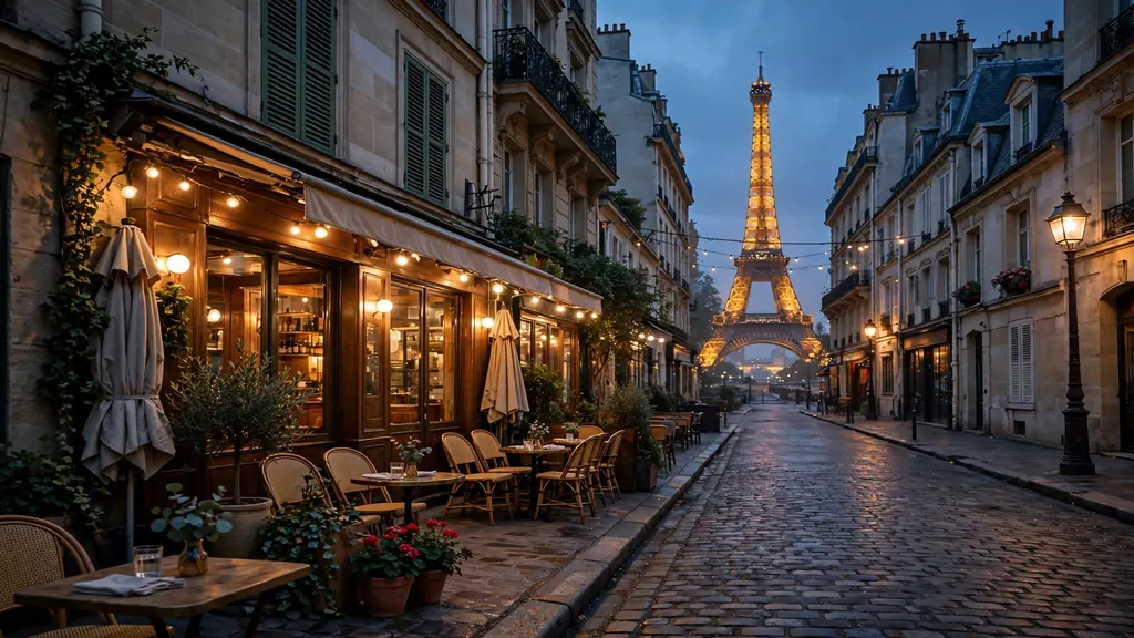 Romantic Paris street at dusk with glowing Eiffel Tower