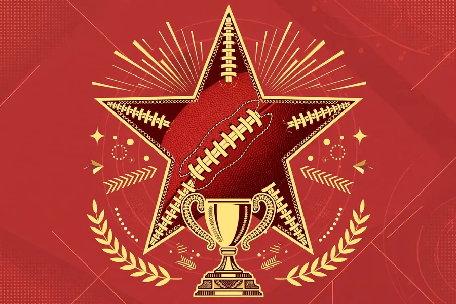 Abstract editorial vector graphic of a Texas lone star blended with football laces and championship trophy motifs in red and gold