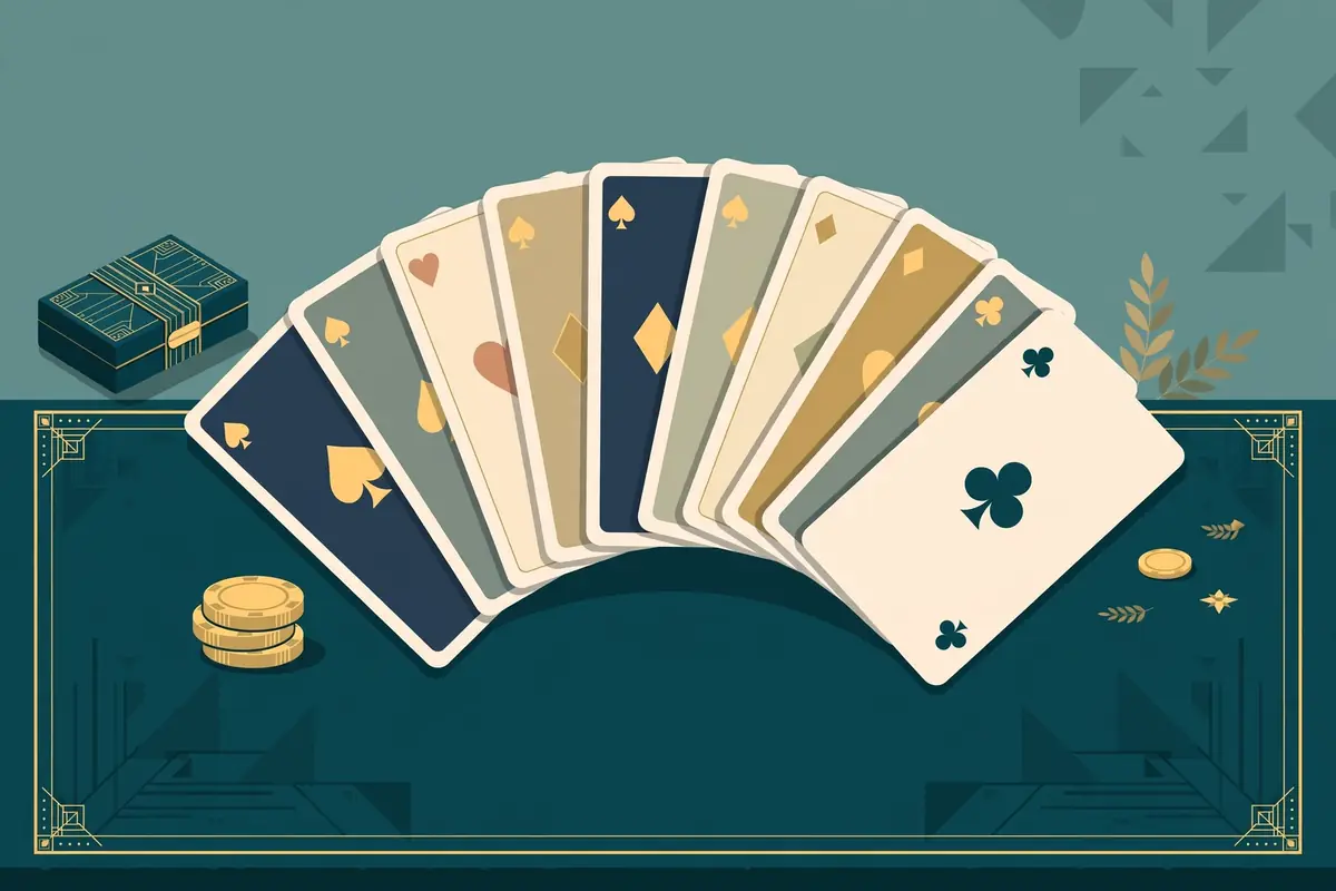 Editorial illustration of a fanned deck of elegant playing cards, referencing Paula Profit's J-Play Worldwide card game company