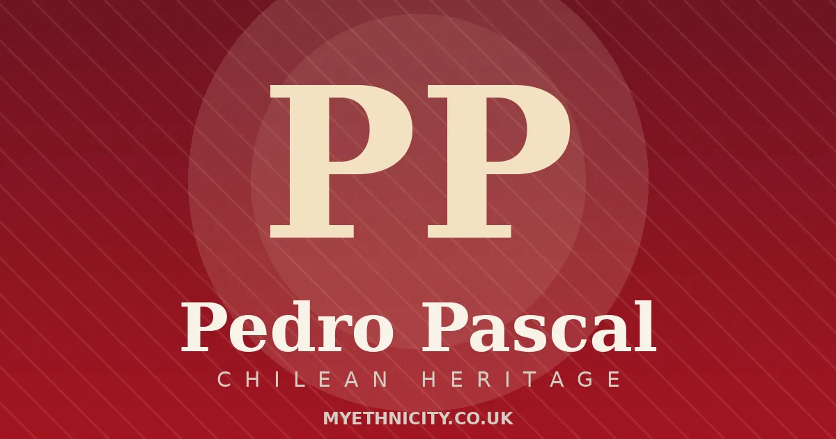 Stylized editorial graphic of Pedro Pascal with crimson and charcoal tones and monogram