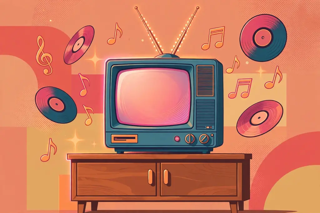Retro 1990s television set with musical notes, evoking Pele Velentina's mother Kennedy's MTV career