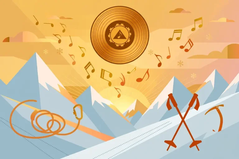 Stylized illustration of a vinyl record over snowy mountains at sunset representing Pele Velentina