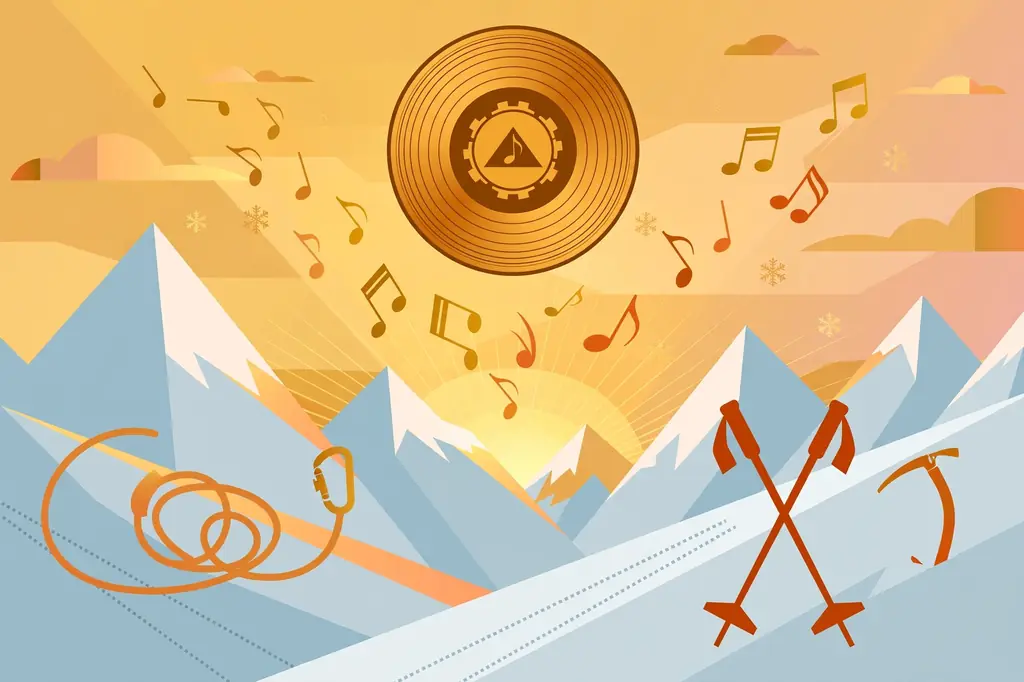 Stylized illustration of a vinyl record over snowy mountains at sunset representing Pele Velentina