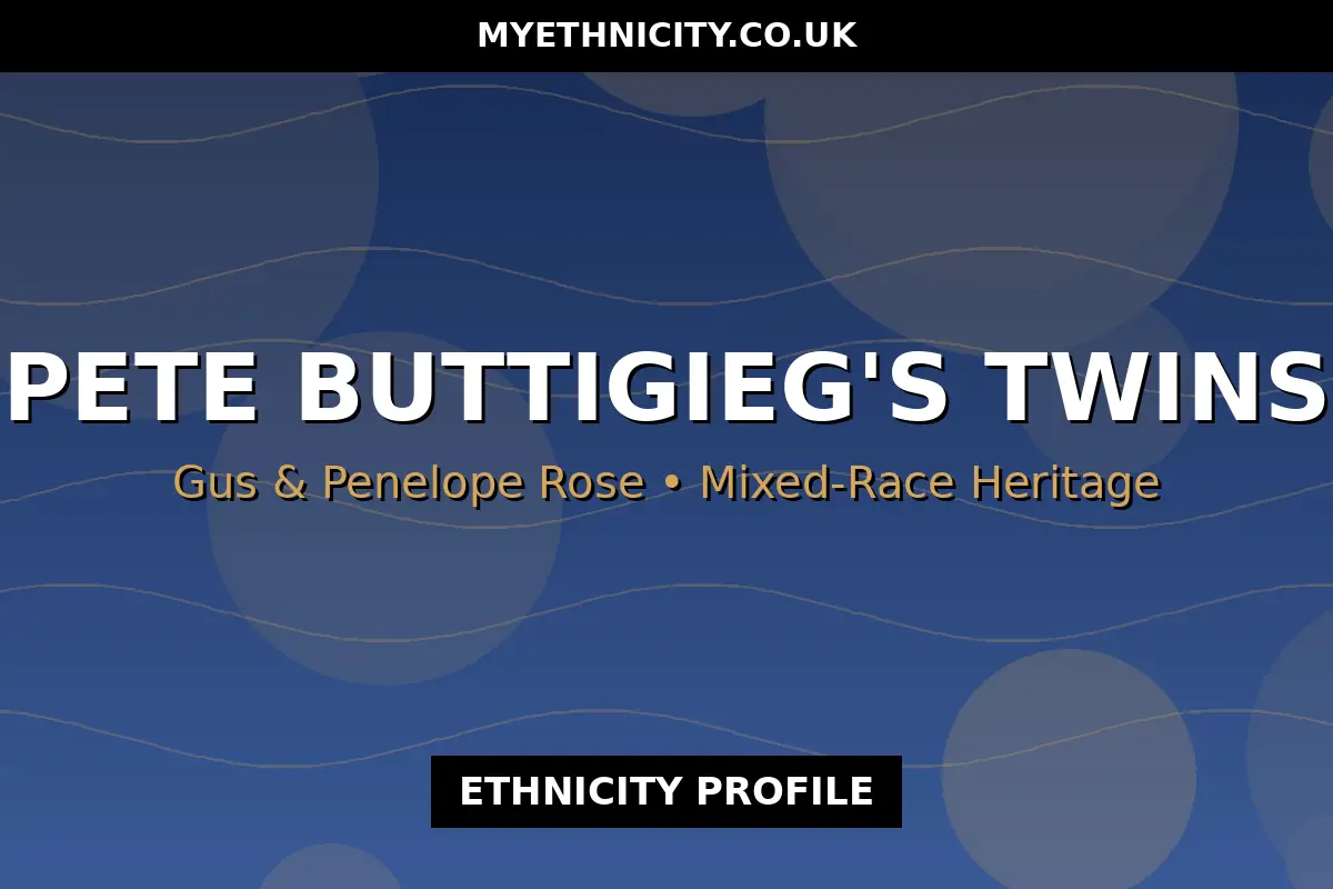 Stylized editorial graphic illustrating the adoption story and mixed-race heritage of Pete Buttigieg's twins Gus and Penelope