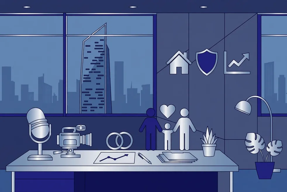 Editorial illustration of a financial skyscraper, a news microphone, and a wedding ring, symbolizing Peter Orszag's Lazard career and his marriage to journalist Bianna Golodryga