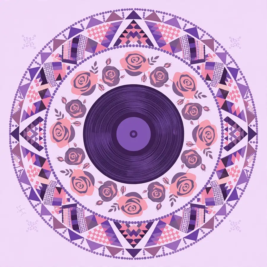 Stylized flat vector illustration blending Kenyan Luo artistic patterns with English rose motifs around a vinyl record design