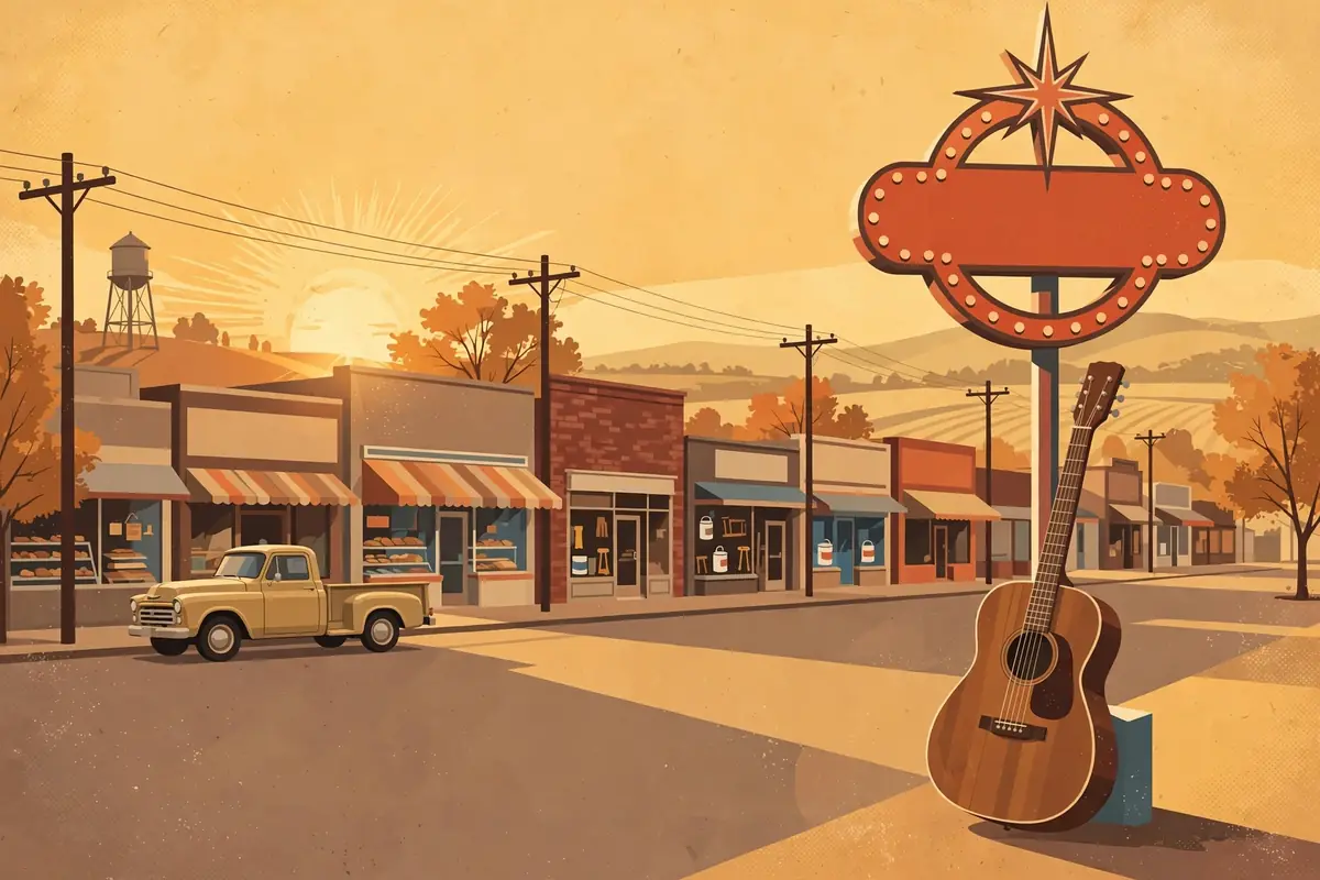 Editorial illustration evoking Priscilla Esterline's 1970s Indiana years as the first wife of John Mellencamp, with heartland motifs