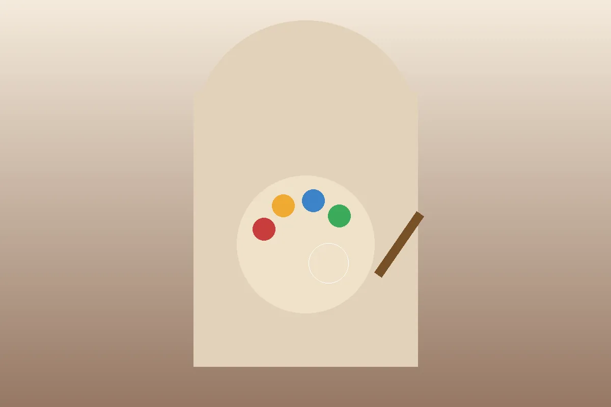 Stylized editorial illustration of an artist's palette inside an arched frame, representing Syrian-American illustrator Rama Duwaji