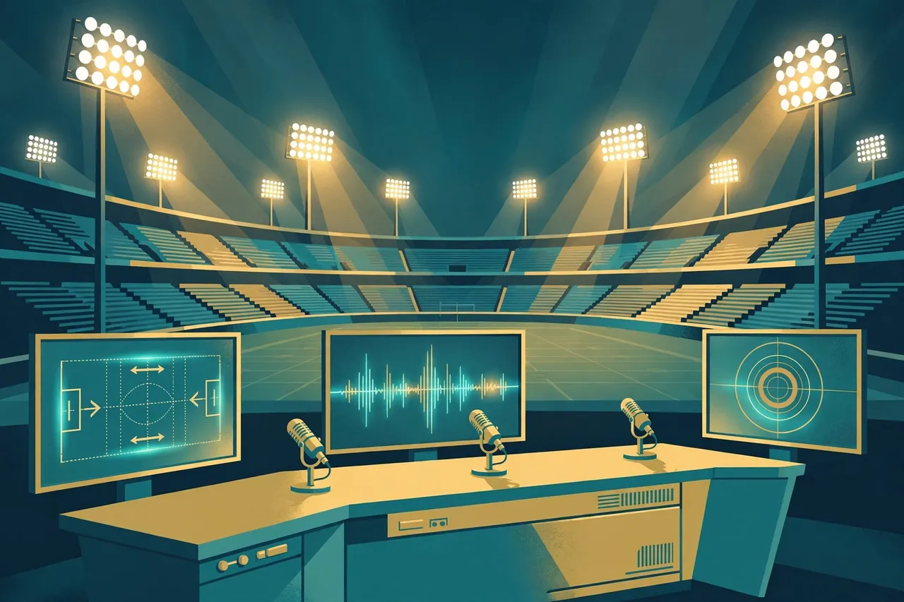 Stylized illustration of a football broadcast studio desk, referencing Ramtin Abdolmajid's marriage to sports presenter Kate Abdo