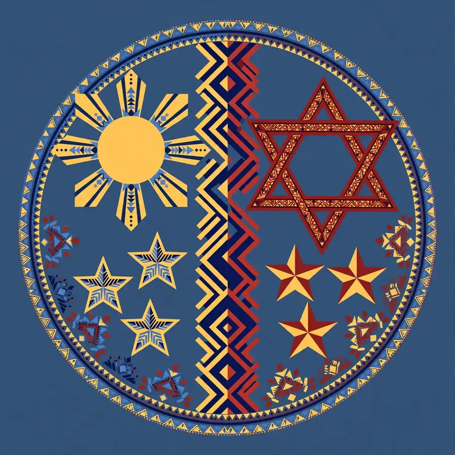 Stylized flat vector illustration blending Filipino sun-and-stars motifs with Jewish Star of David patterns in a split heritage design