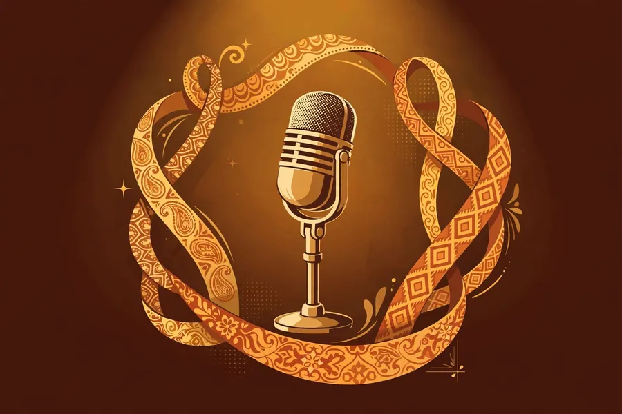 Abstract editorial vector graphic of a comedy stage microphone surrounded by intertwined cultural pattern ribbons in warm tones