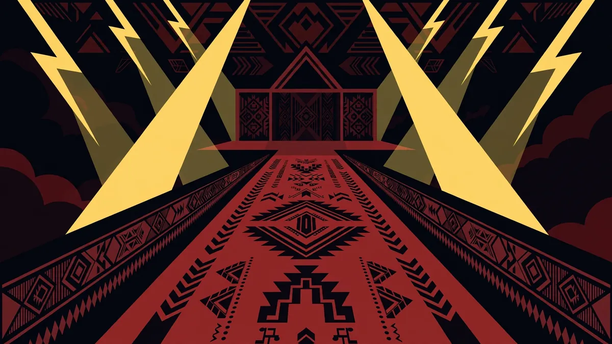 Stylized vector illustration of a wrestling arena entrance with tribal geometric patterns representing Roman Reigns
