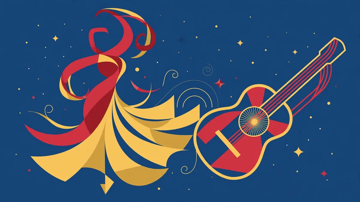 Stylized vector illustration of a flamenco dancer in flowing red and gold ribbons representing Rosalía's music