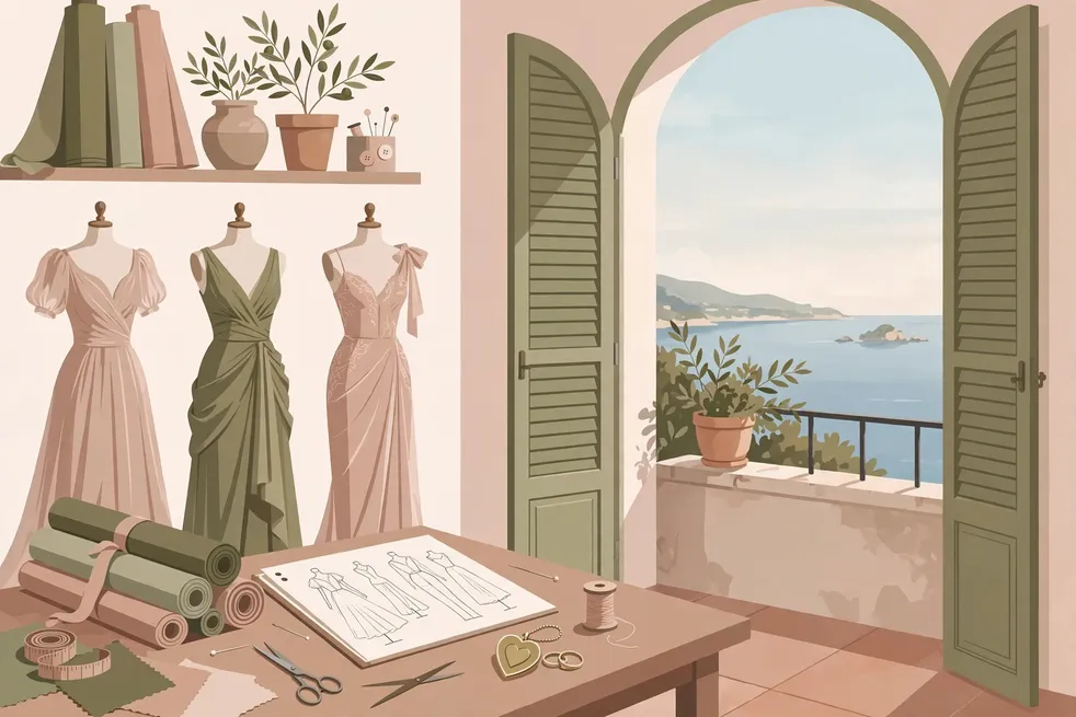 Editorial illustration of elegant gowns on mannequins with a wedding ring motif in a Beirut atelier, evoking her fashion career