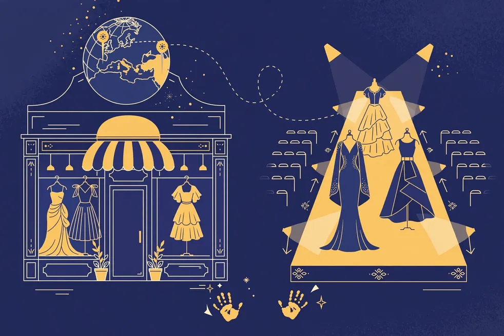 Editorial illustration of a globe connecting Italy and Lebanon with fashion motifs, symbolizing her marriage to Michele Morrone and her life between two cultures