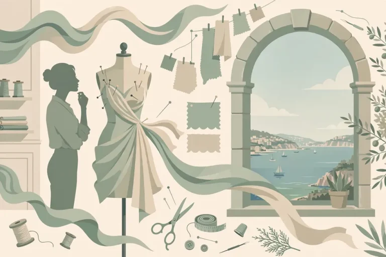 Editorial illustration of a fashion designer at a dress form in a Beirut atelier, representing Rouba Saadeh
