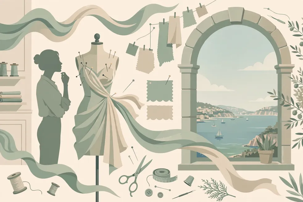Editorial illustration of a fashion designer at a dress form in a Beirut atelier, representing Rouba Saadeh