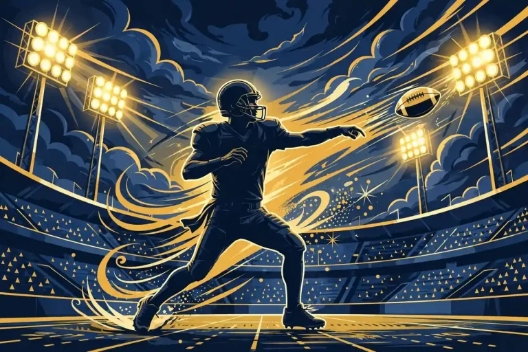 Stylized editorial illustration of Russell Wilson's football career with dynamic quarterback artwork