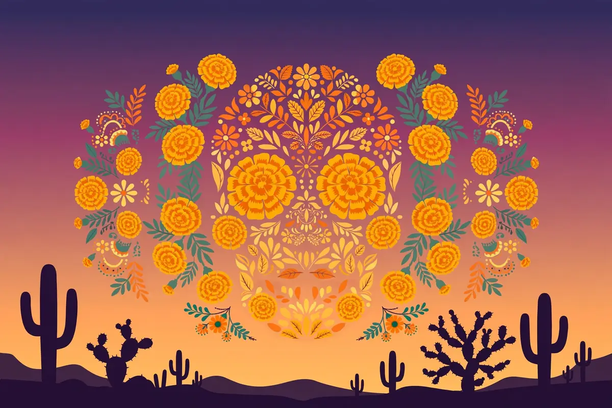 Stylized flat-vector illustration celebrating Mexican-American heritage with marigold flowers, papel picado banners, and sun motifs