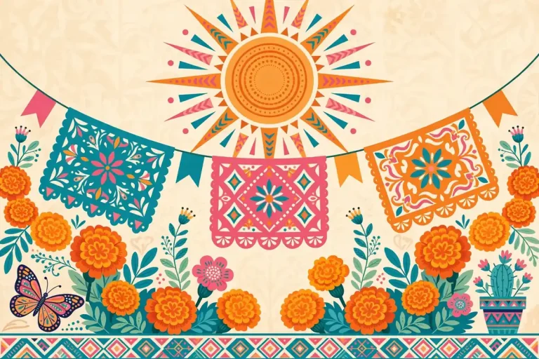 Stylized editorial illustration representing Sabrina Bryan's Mexican-American ethnicity with marigold and papel picado motifs