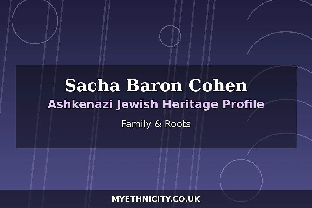 Stylized editorial graphic about Sacha Baron Cohen's Jewish family roots, with text reading Sacha Baron Cohen and Family and Roots