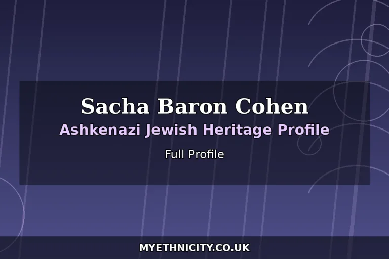 Stylized editorial portrait graphic for Sacha Baron Cohen ethnicity profile