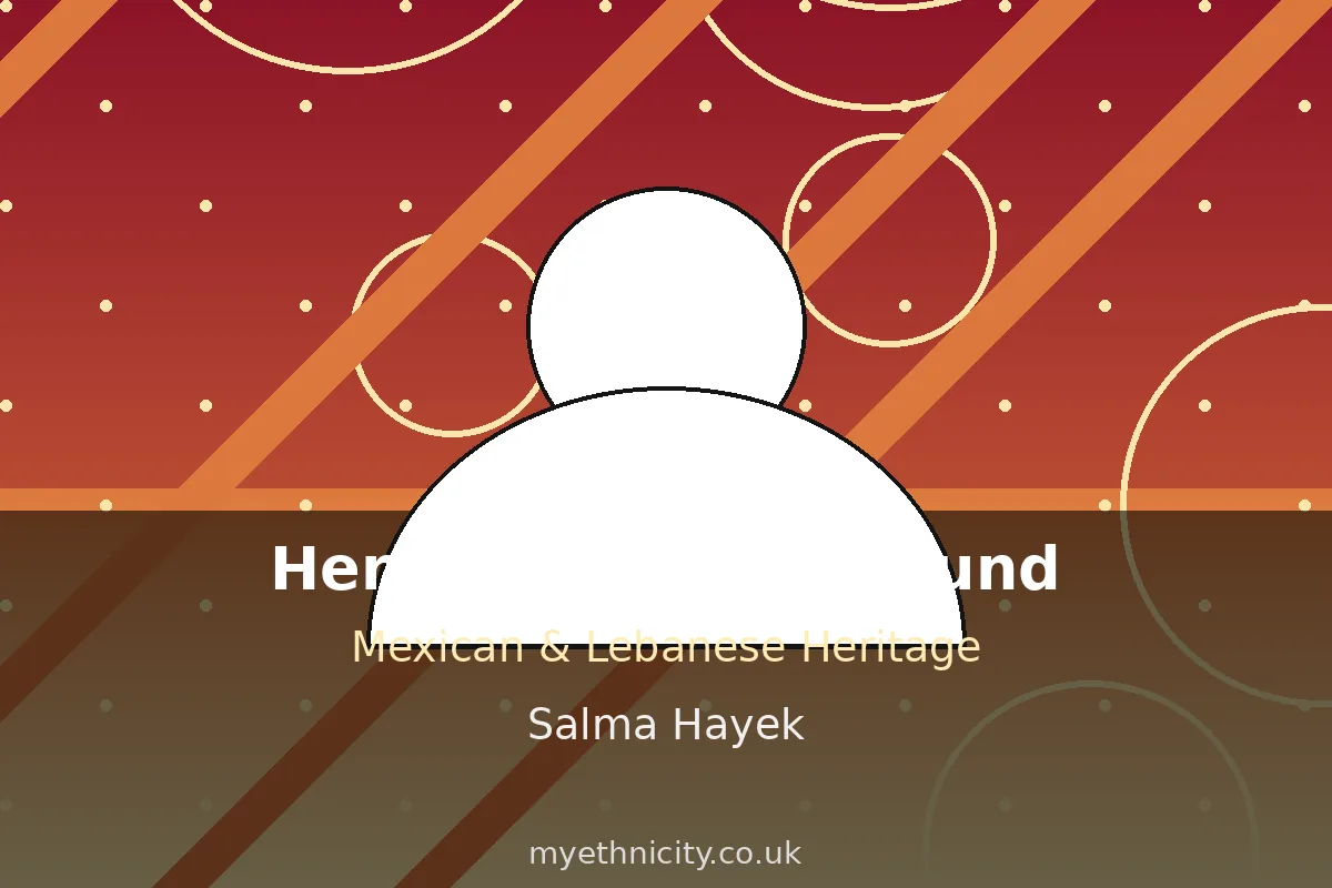 Stylized editorial graphic of Salma Hayek's Mexican and Lebanese heritage with cultural symbols