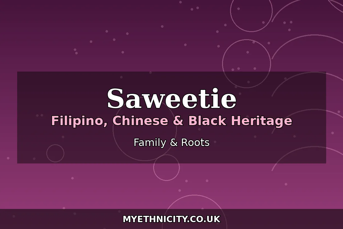 Stylized editorial graphic about Saweetie's Filipino, Chinese and Black family roots, with text reading Saweetie and Family and Roots