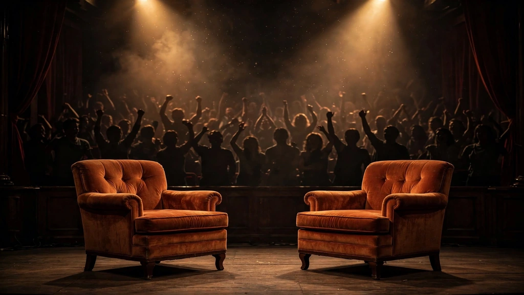 TV reunion stage with two armchairs under spotlights