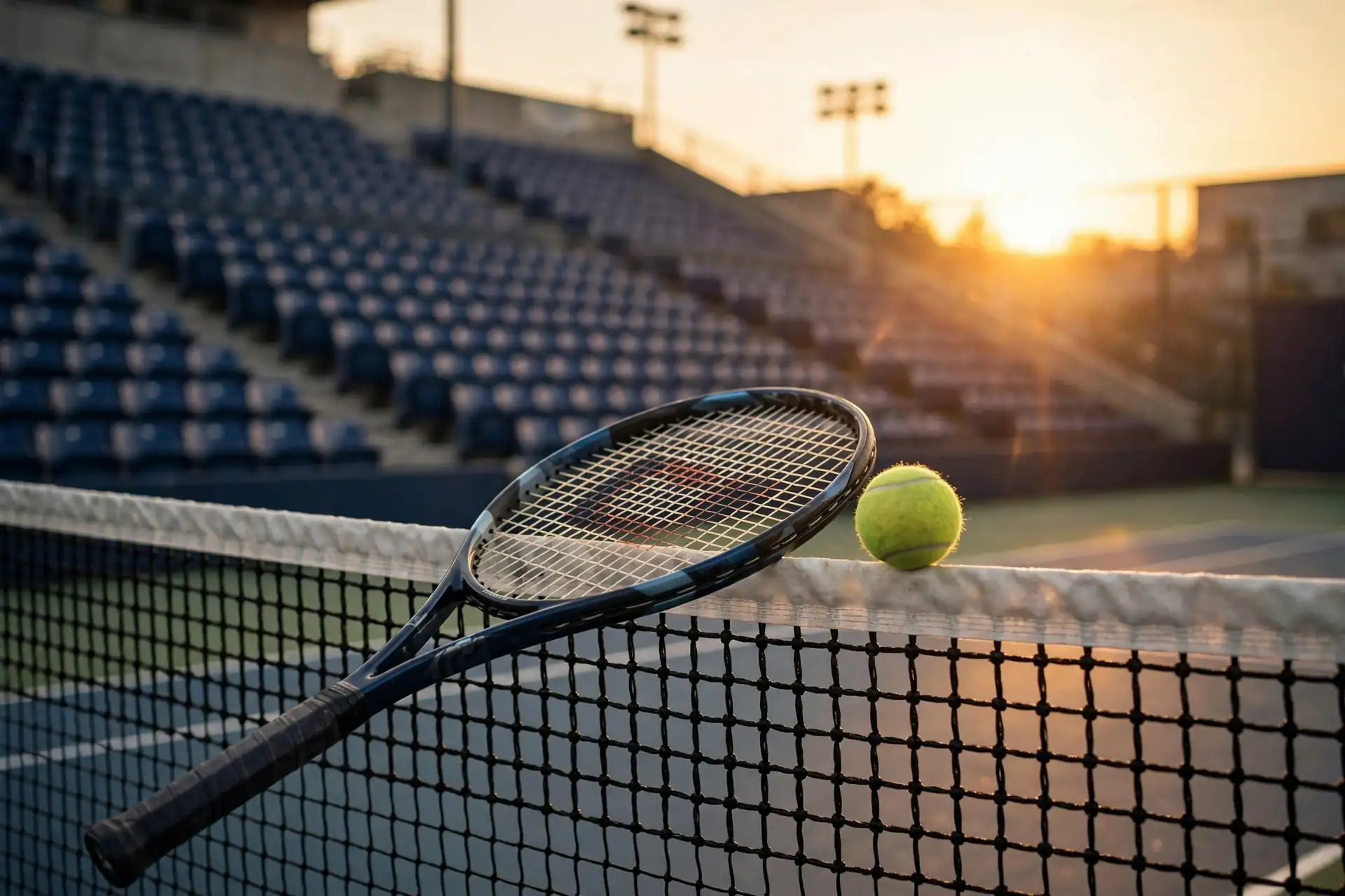 Tennis racket and ball on a court at sunset