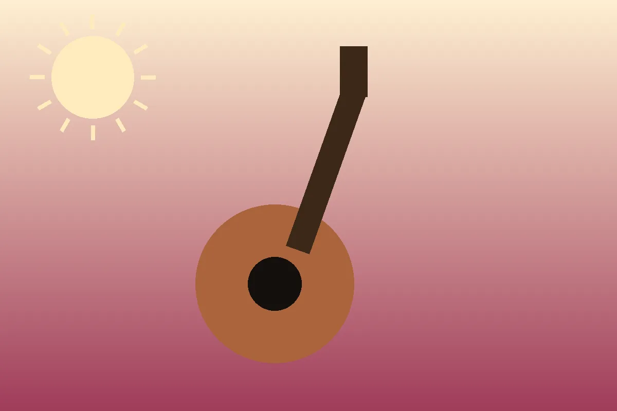 Abstract editorial graphic of an acoustic guitar under a warm sun evoking Shakira's Latin music roots