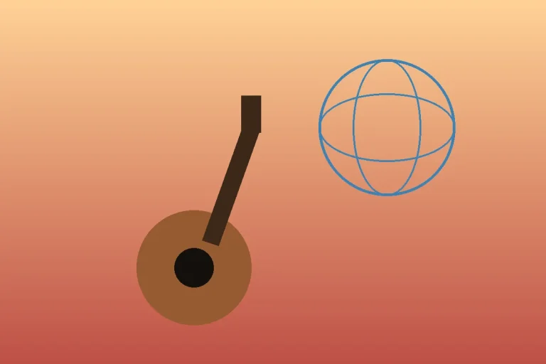 Stylized editorial illustration of a guitar beside a globe, representing Shakira's Colombian-Lebanese heritage and global music career