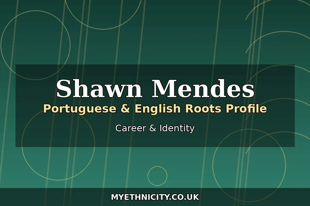 Stylized editorial graphic about Shawn Mendes' music career and identity, with text reading Shawn Mendes and Career and Identity
