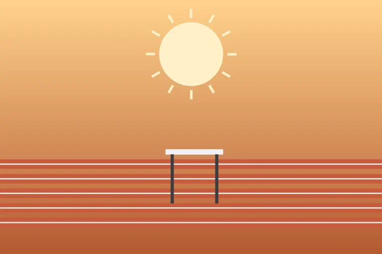 Stylized editorial illustration of a running track with hurdles under a sunrise, representing Sincere Rhea's track career and Love Island USA journey