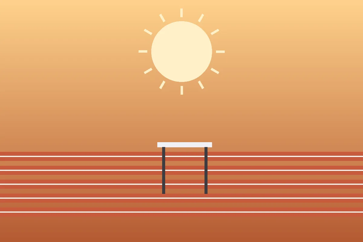 Stylized editorial illustration of a running track with hurdles under a sunrise, representing Sincere Rhea's track career and Love Island USA journey